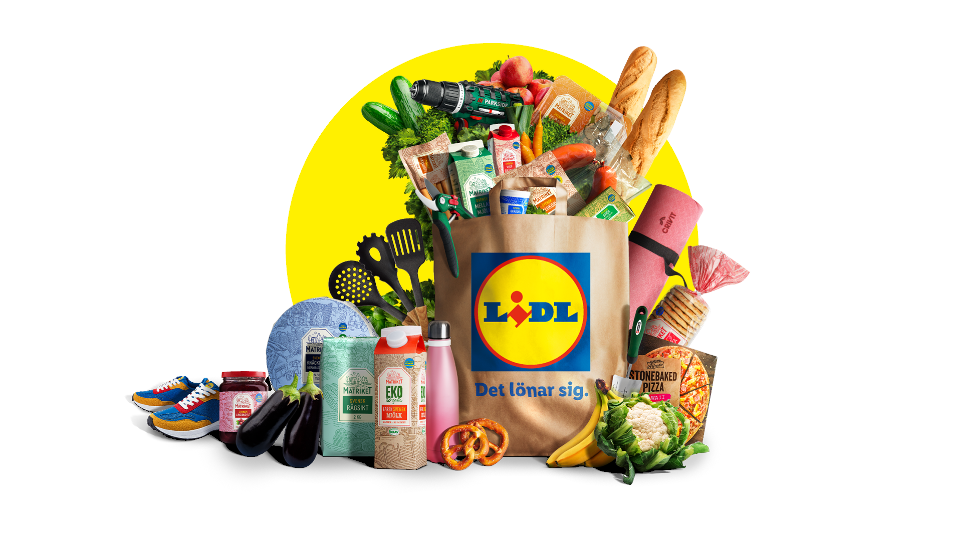 En Lidl-kasse fylld med mat, kläder och prylar